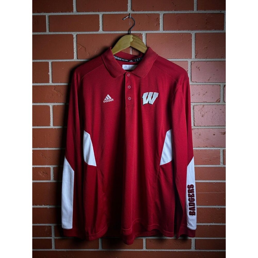 Adidas Wisconsin Badgers Long Sleeve Sideline Polo Men's Large Red NWT